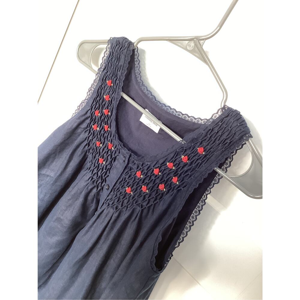 Aritzia Sunday Best Karina Linen Smocked Babydoll Dress XS navy blue lace rose - Picture 4 of 14